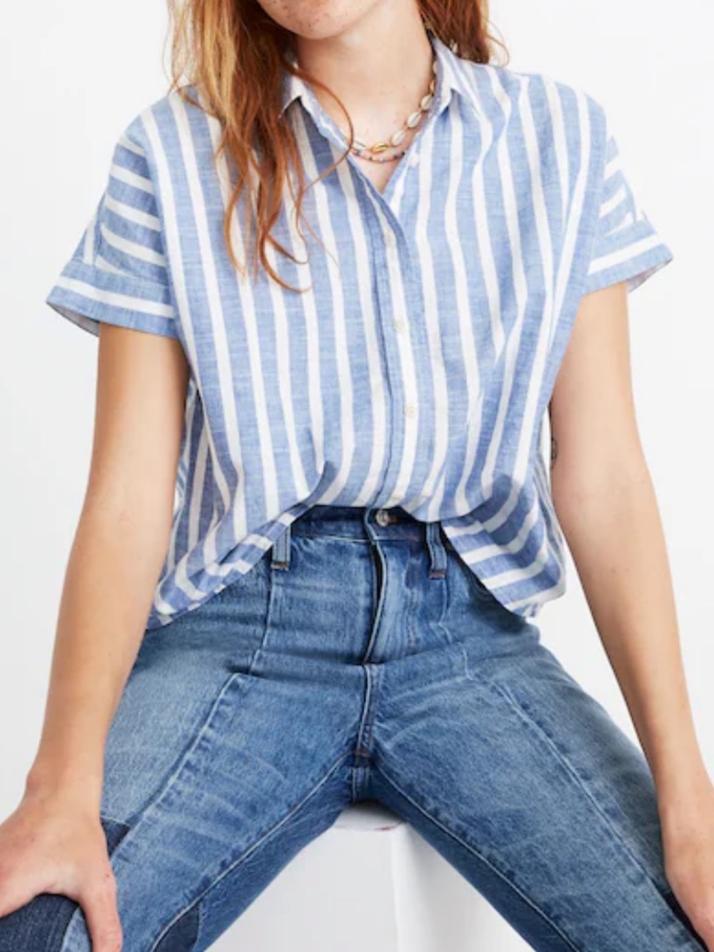 Madewell Striped Short Sleeve Button Front Central Shirt S Blue White Fall